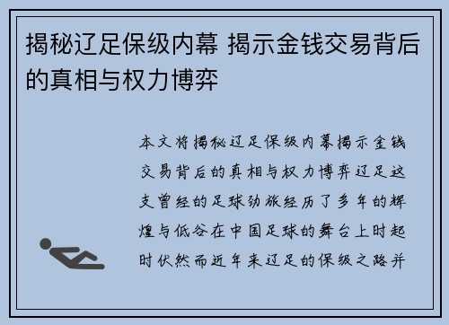揭秘辽足保级内幕 揭示金钱交易背后的真相与权力博弈