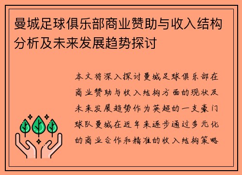 曼城足球俱乐部商业赞助与收入结构分析及未来发展趋势探讨