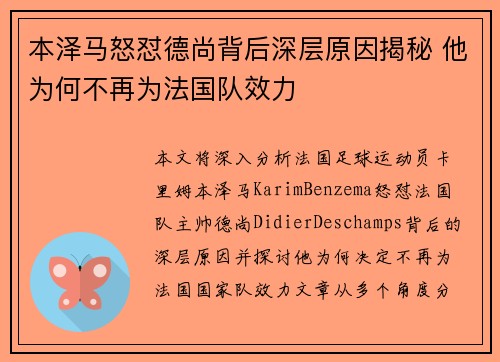 本泽马怒怼德尚背后深层原因揭秘 他为何不再为法国队效力